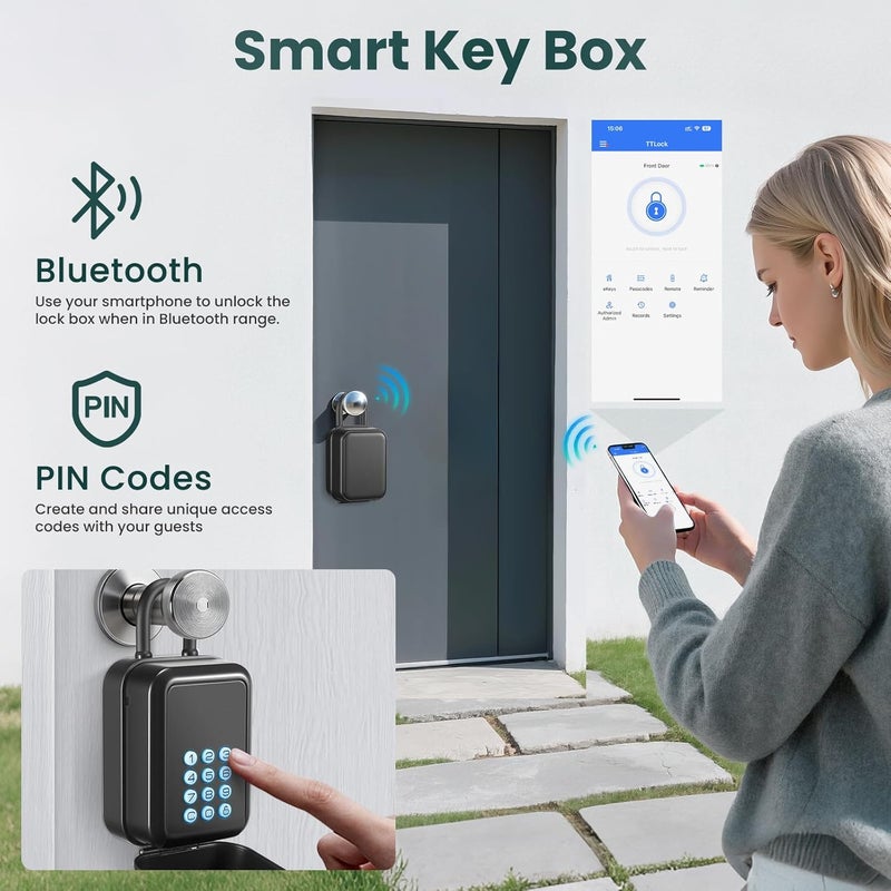 Thlevel Smart Key Lock Box Electronic Bluetooth Lock Box with APP Control & PIN Code Types,Share eKey Wall Mounted Lock Box for Airbnb Realtor House Office with Removable Shackle - Image 3